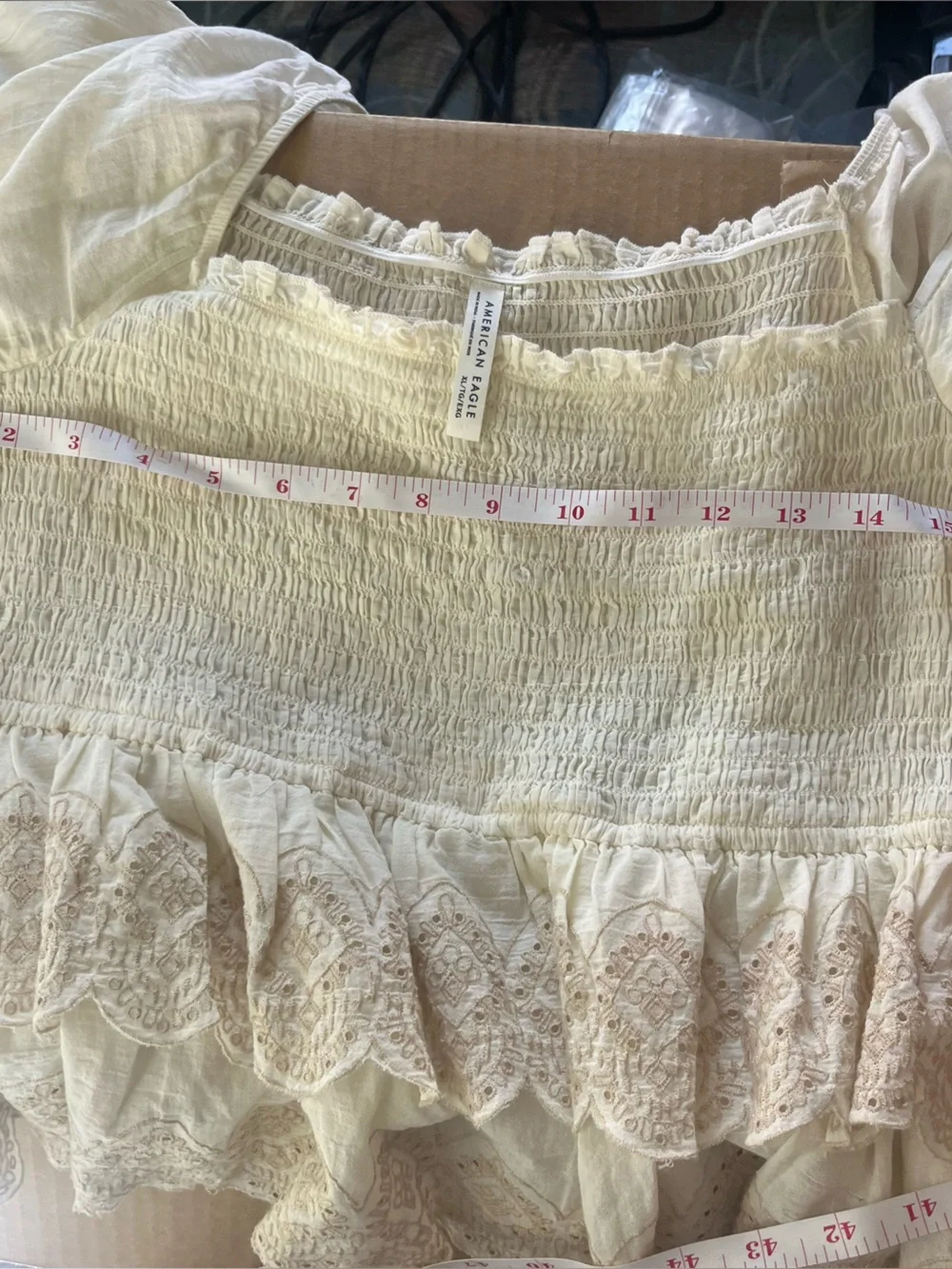 American Eagle Outfitters Cream Smocked Peasant Blouse with Embroidered Ruffle